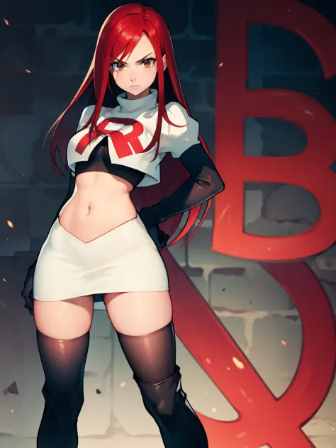 erza scarlet, long hair,red hair, brown eyes, ,team rocket uniform, red letter r, white skirt,white crop top,black thigh-high bo...