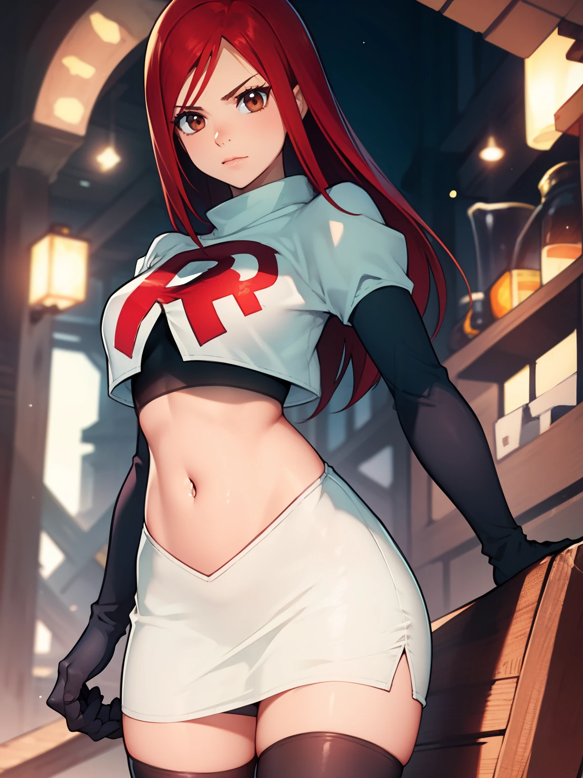 Erza Scarlet, cabelo longo,cabelo vermelho, Olhos castanhos, ,uniforme da equipe rocket, letra vermelha R, saia branca,top branco,botas pretas de cano alto, luvas de cotovelo pretas, Olhando para o visualizador, tiro de vaqueiro,