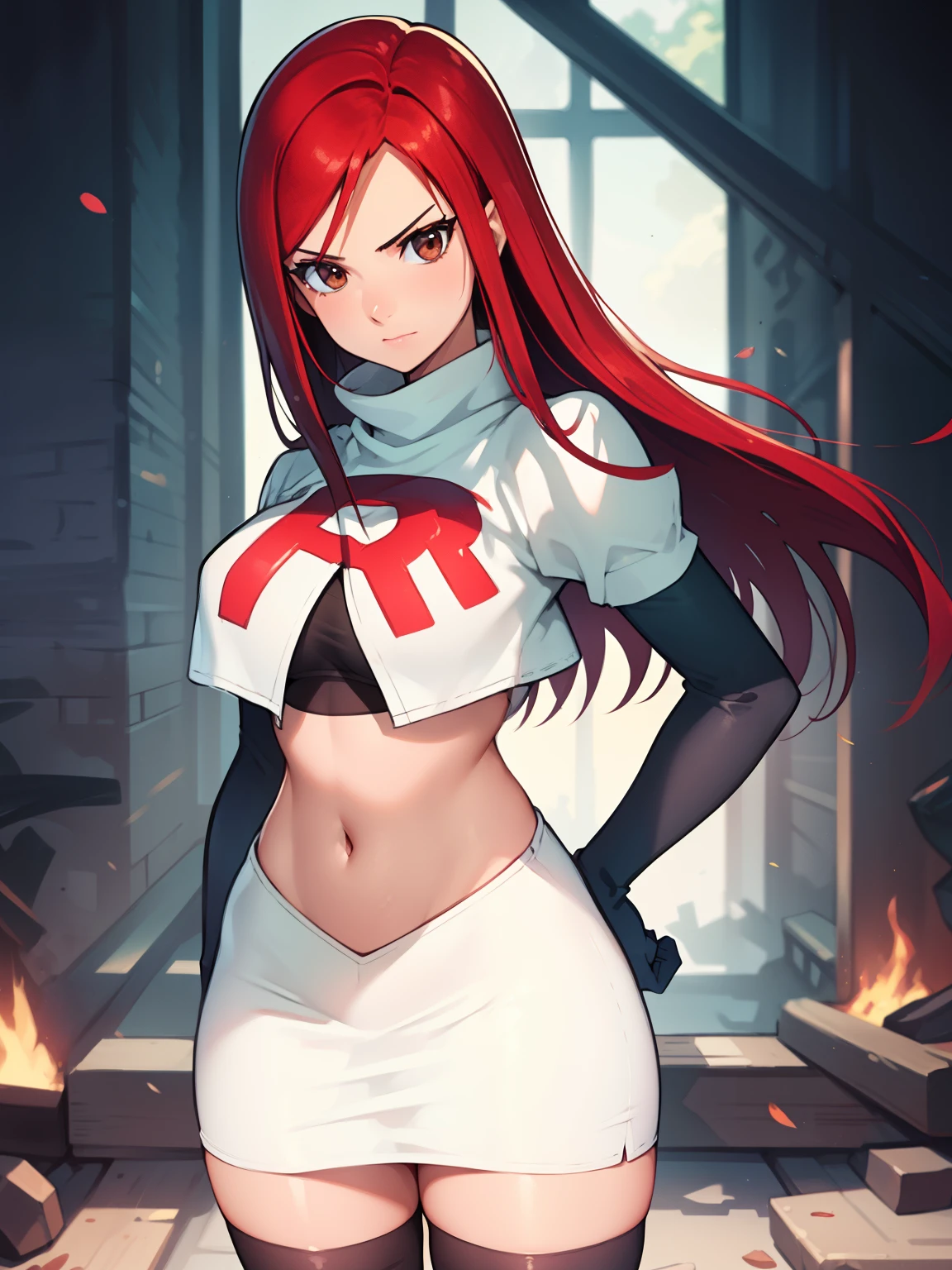 Erza Scarlet, long hair,red hair, brown eyes, ,team rocket uniform, red letter R, white skirt,white crop top,black thigh-high boots, black elbow gloves, looking at viewer, cowboy shot,