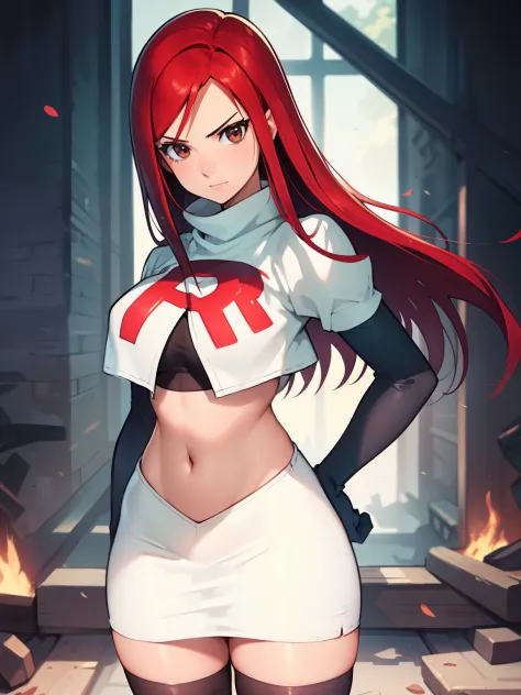 Erza Scarlet, long hair,red hair, brown eyes, ,team rocket uniform, red letter R, white skirt,white crop top,black thigh-high bo...