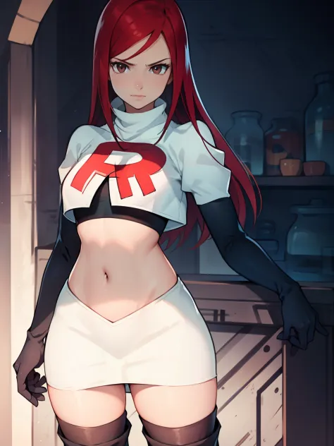 Erza Scarlet, long hair,red hair, brown eyes, ,team rocket uniform, red letter R, white skirt,white crop top,black thigh-high bo...