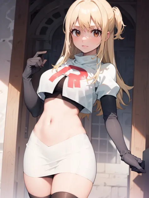 Lucy_Heartfilia, long hair,blonde hair, brown eyes, ,team rocket uniform, red letter R, white skirt,white crop top,black thigh-high boots, black elbow gloves, looking at viewer, cowboy shot