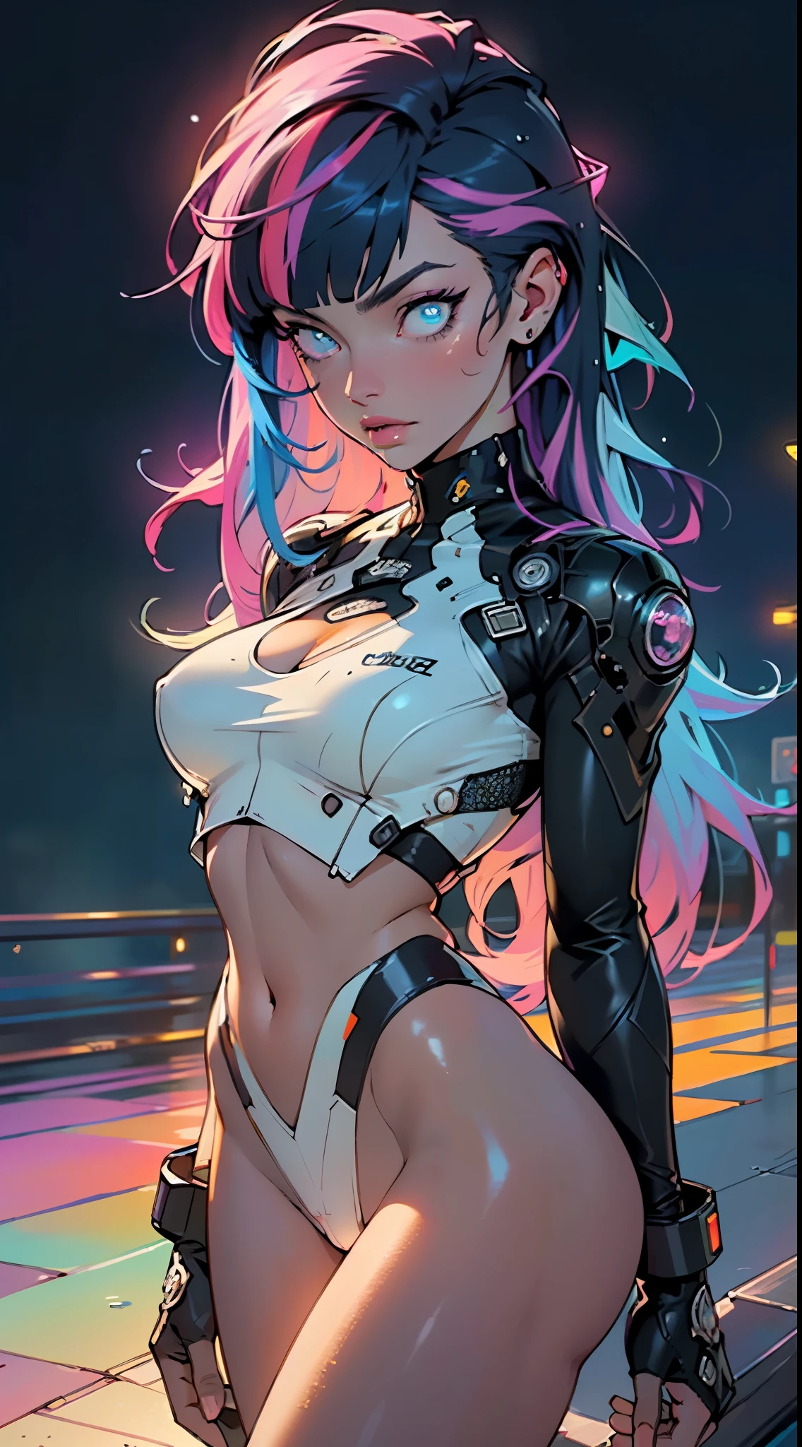 cyberpunk girl,(((1girl))),((cute and beautiful rainbow haired girl)),

(Colorful hair:1.5), (all the colors of the rainbow:1.5),crystal clear eyes,rainbow color gradient bangs:1.5,(rainbow colored hair:1.5), color splash, color explosion, (colorful), Face Paint, ((streaked hair)),(Gradient color eyes),(((colorful eyes))),

(large breasts:1.4),saggy breasts,mane,((multicolored_hair:1.3)), ((rainbow hair:1.3)),((hair bangs:1.3)),((hair with the seven colors of the rainbow:1.3)),((straight hair:1.3)),((very straight hair,very_long hair:1.5)),((The beauty of extra-long hair)),((Super Long Straight Hair)),((bangs)),(((neon rainbow eyes:1.3))),intricate eyes,beautiful detailed eyes,symmetrical eyes,((fat)),(((lustrous skin:1.5,bright skin: 1.5,skin tanned,shiny skin,very shiny skin,shiny body,plastic glitter skin,exaggerated shiny skin,illuminated skin,wet legs))),(spider lower abdomen,narrow waist,wide hip,athletic body,inflated legs, thick thighs,detailed body,(detailed face)),

cute,slutty,erotic,((nsfw)),

white pilot suit,white cyber suit,absurdres,Long legs,cleavage,(((wet clothes,intricate outfit,intricate clothes))),

(hypnotized pose:1.0),hypnotized,(centered,scale to fit dimensions,Rule of thirds),

cyberpunk city by the ocean at night, with bright neon signs and dark stormy clouds and puddles, scenery:1.25,nighttime, starry night, cosmos,Very dark night that makes the neon lights stand out, very bright neon lights,nighttime, starry night, cosmos,

artistic photography,(photography taken by sldr),highres, sharp focus,(ultra detailed, extremely detailed), (photorealistic artwork:1.37),(extremely detailed CG unity 8k wallpaper),((synthwave background theme)),(((vibrant colors))),intricate,(intricate background),(masterpiece),(best quality),perfect rendered face,perfect face details,realistic face,photo realistic,analog style,((intricate detail)),(((realism))),