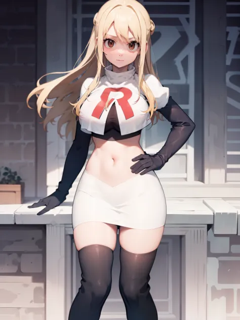 Lucy_Heartfilia, long hair,blonde hair, brown eyes, ,team rocket uniform, red letter R, white skirt,white crop top,black thigh-high boots, black elbow gloves, looking at viewer, cowboy shot