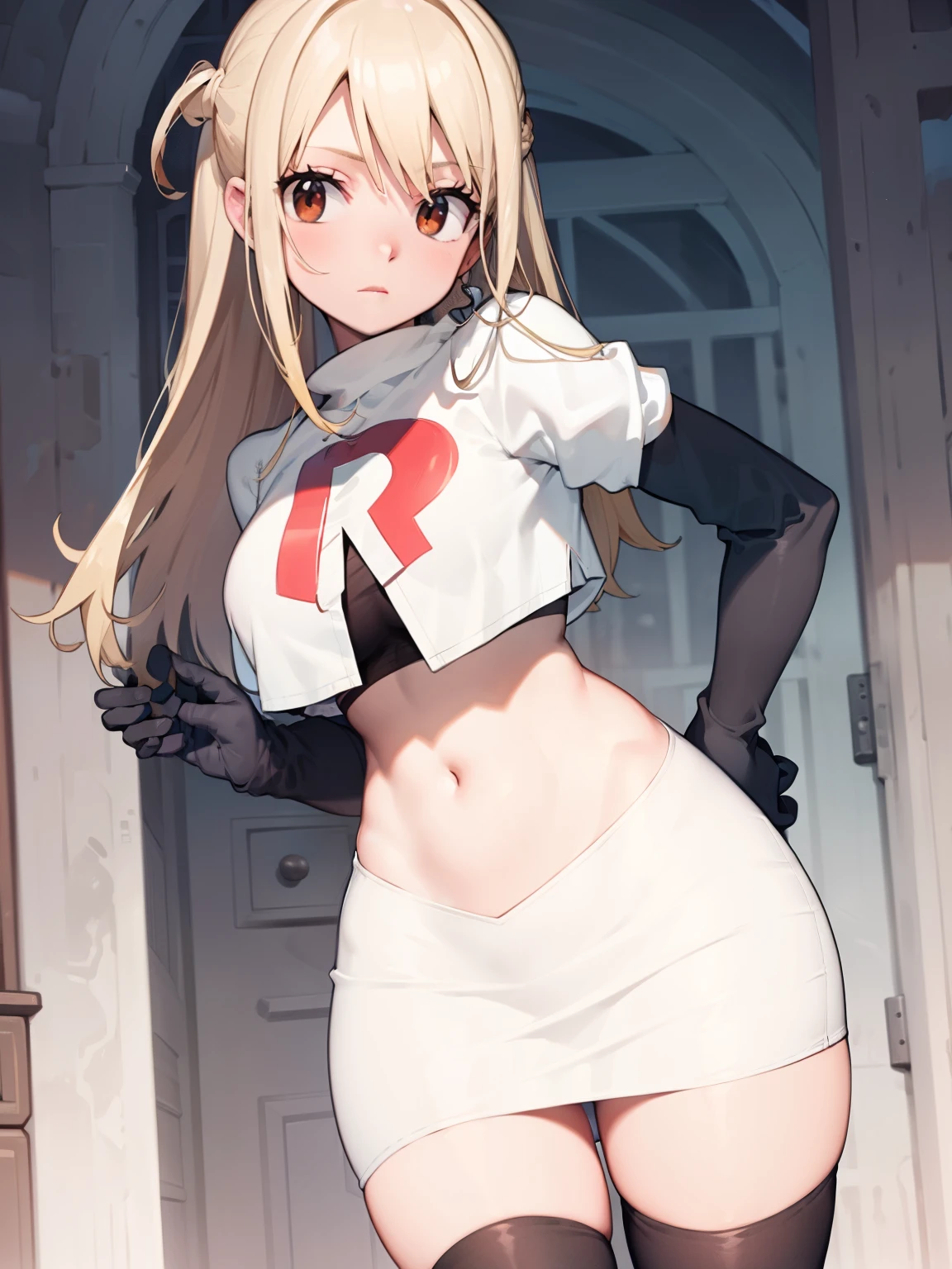 Lucy_Heartfilia, long hair,blonde hair, brown eyes, ,team rocket uniform, red letter R, white skirt,white crop top,black thigh-high boots, black elbow gloves, looking at viewer, cowboy shot