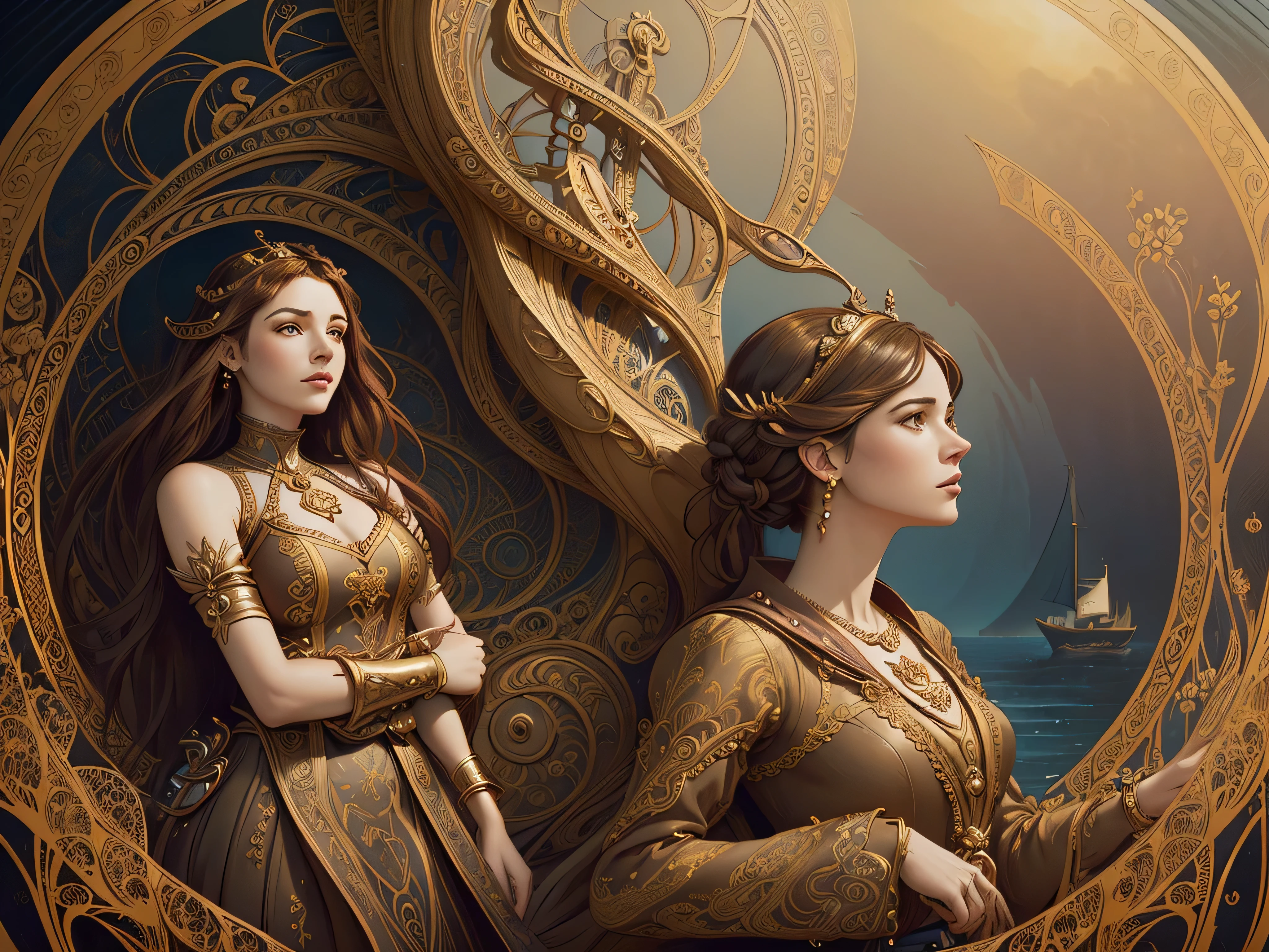 painting of a woman in a dress holding a clock near a boat, michael cheval (unreal engine, stylized digital illustration, cyril rolando and m.w kaluta, cyril rolando and m. w kaluta, realistic fantasy illustration, mucha. art nouveau. gloomhaven, rendered art, stylized fantasy artwork, detailed painting 4 k