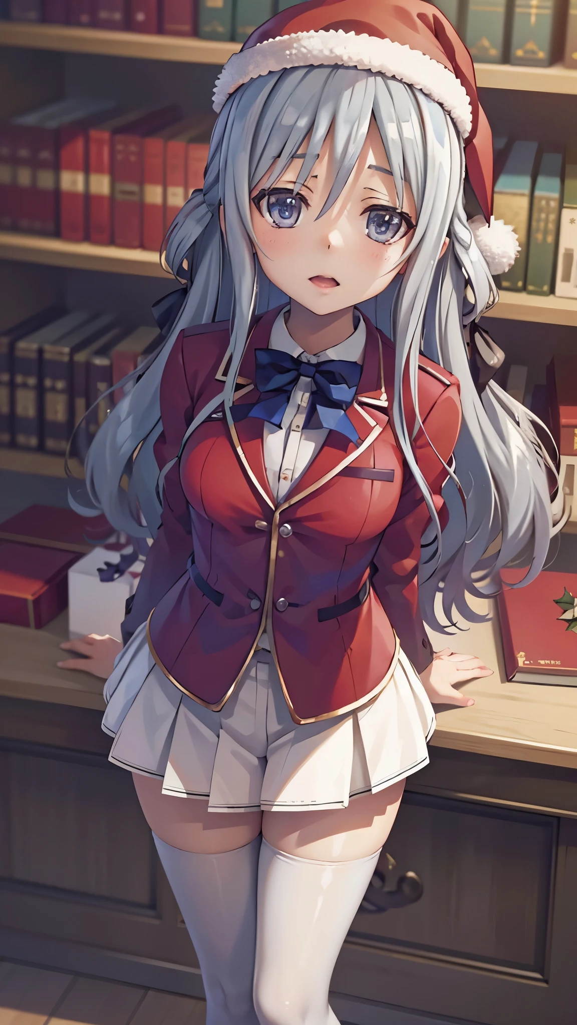 Shiina Hiyori, gray hair, masterpiece, amazing, 8k, detailed, 1girl, (looking up), (from above), ((Christmas hat)), ((Christmas outfit)), (hands behind her back), ((library)), ((standing))