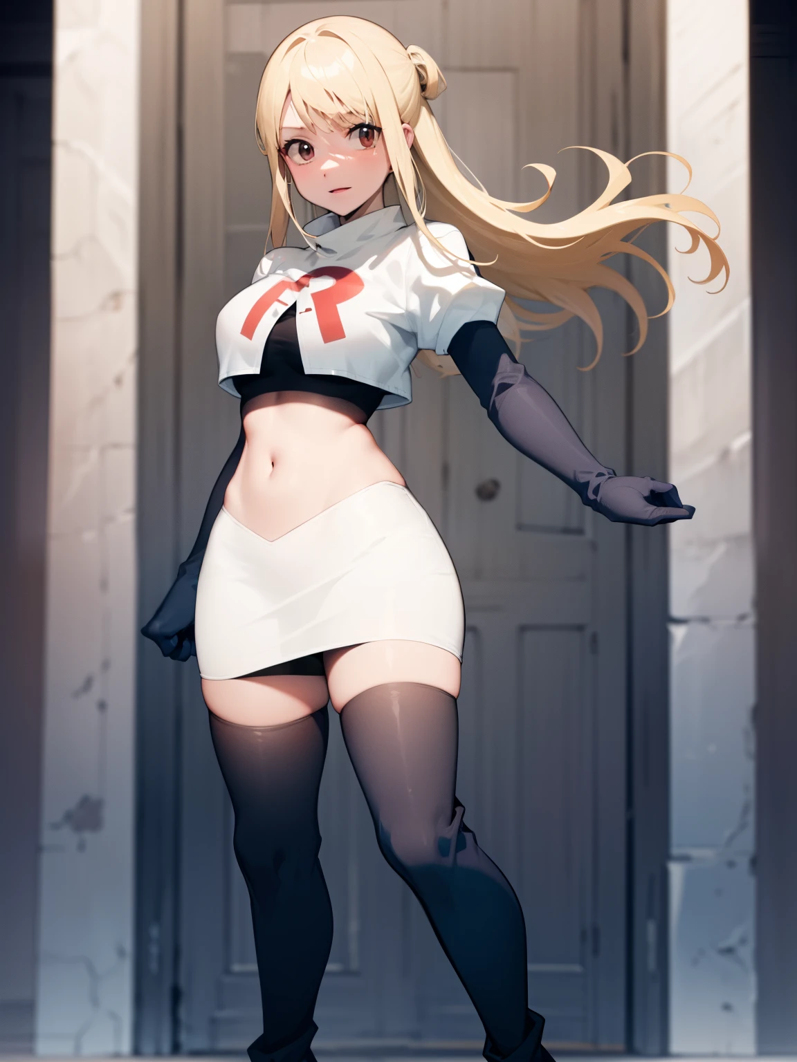 Lucy_Heartfilia, long hair,blonde hair, brown eyes, ,team rocket uniform, red letter R, white skirt,white crop top,black thigh-high boots, black elbow gloves, looking at viewer, cowboy shot