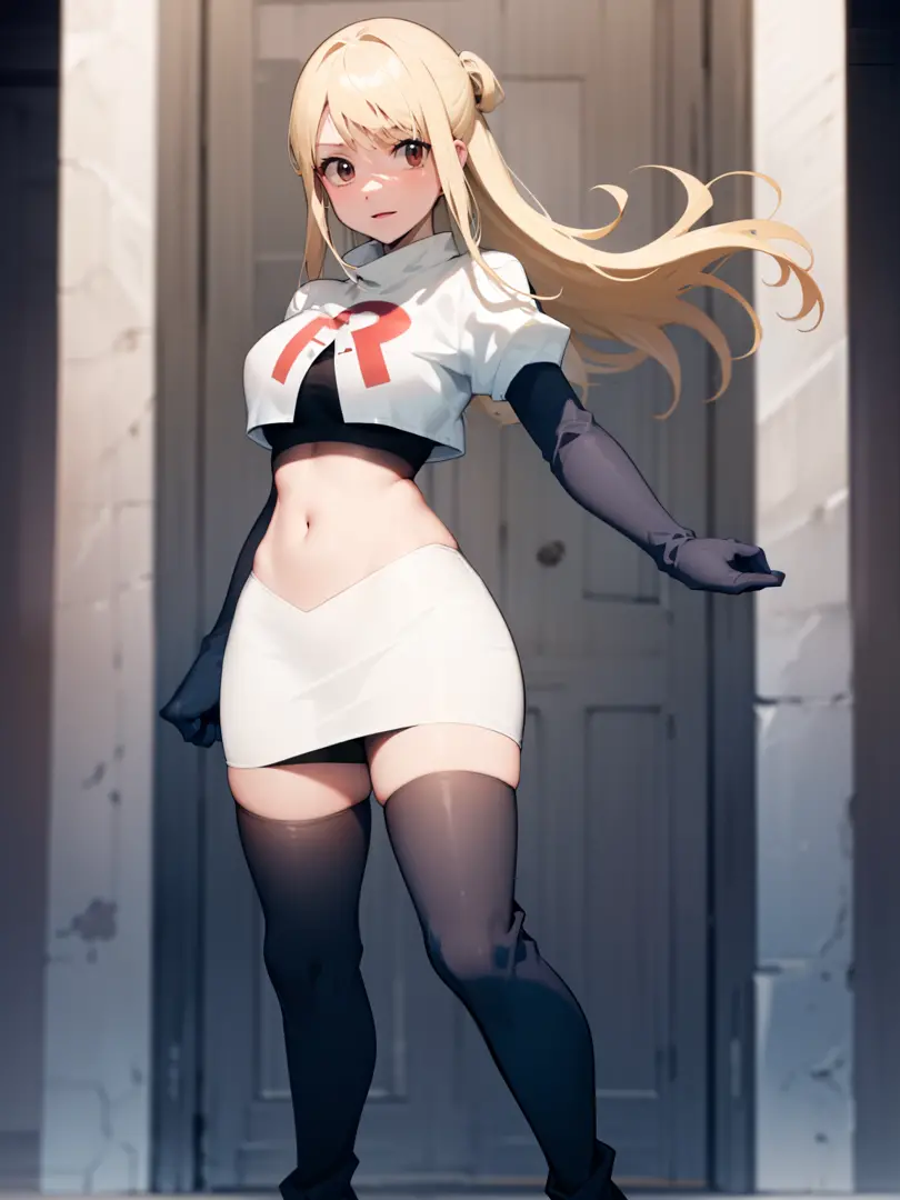 lucy_heartfilia, long hair,blonde hair, brown eyes, ,team rocket uniform, red letter r, white skirt,white crop top,black thigh-h...