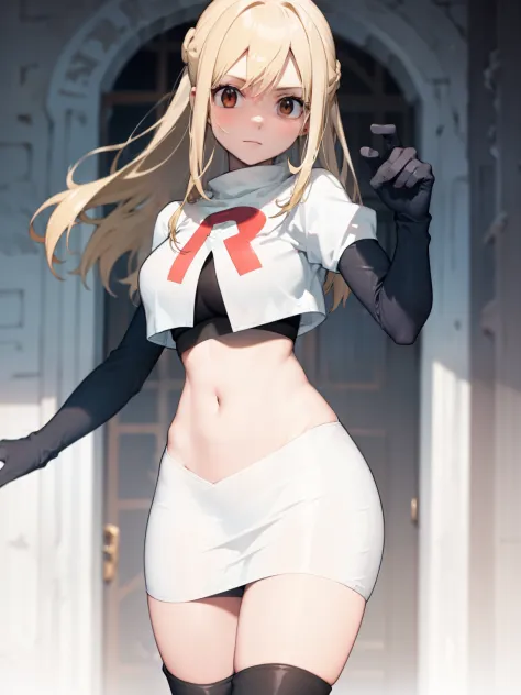 Lucy_Heartfilia, long hair,blonde hair, brown eyes, ,team rocket uniform, red letter R, white skirt,white crop top,black thigh-high boots, black elbow gloves, looking at viewer, cowboy shot