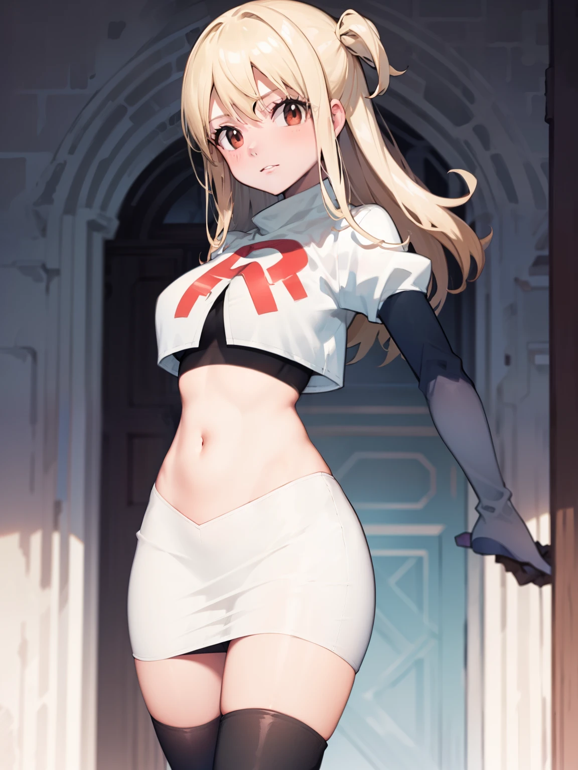 Lucy_Heartfilia, long hair,blonde hair, brown eyes, ,team rocket uniform, red letter R, white skirt,white crop top,black thigh-high boots, black elbow gloves, looking at viewer, cowboy shot