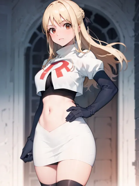 lucy_heartfilia, long hair,blonde hair, brown eyes, ,team rocket uniform, red letter r, white skirt,white crop top,black thigh-h...