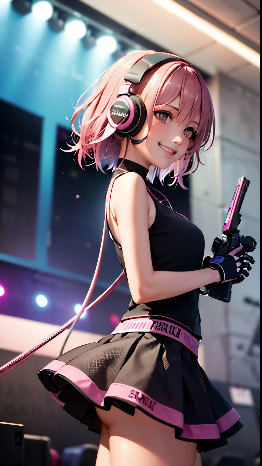 (Masterpiece, best quality: 1.2), 1 girl, pink-purple hair, side half, back to the camera, body is skeleton, solo, headphones, cyberpunk, grinning, eyes looking at the audience, purple-pink hair, headphones, sleeveless shirt, pleated skirt, holding cold weapons