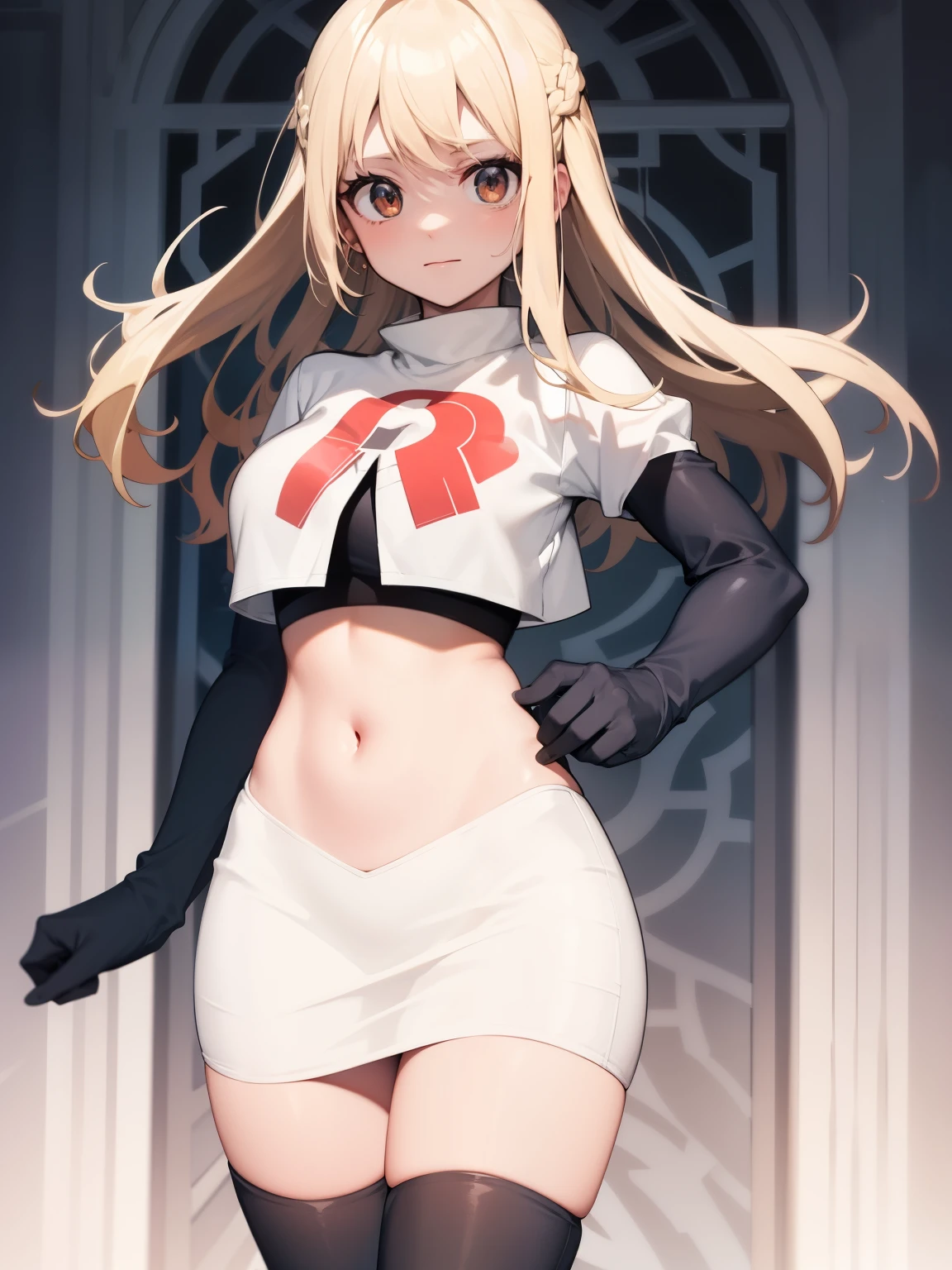 Lucy_Heartfilia, long hair,blonde hair, brown eyes, ,team rocket uniform, red letter R, white skirt,white crop top,black thigh-high boots, black elbow gloves, looking at viewer, cowboy shot