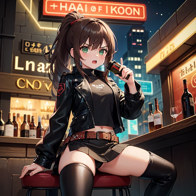 1girl, solo, super fine illustration, an extremely delicate and beautiful, best quality, brown hair, ponytail, long hair, green eyes, looking forward, defiant, black leather jacket, red mini skirt, black boots, holding bottle, arguing, bar counter, drinking buddy, angry, night, street, crowd, cars, neon signs, dark, chaotic.