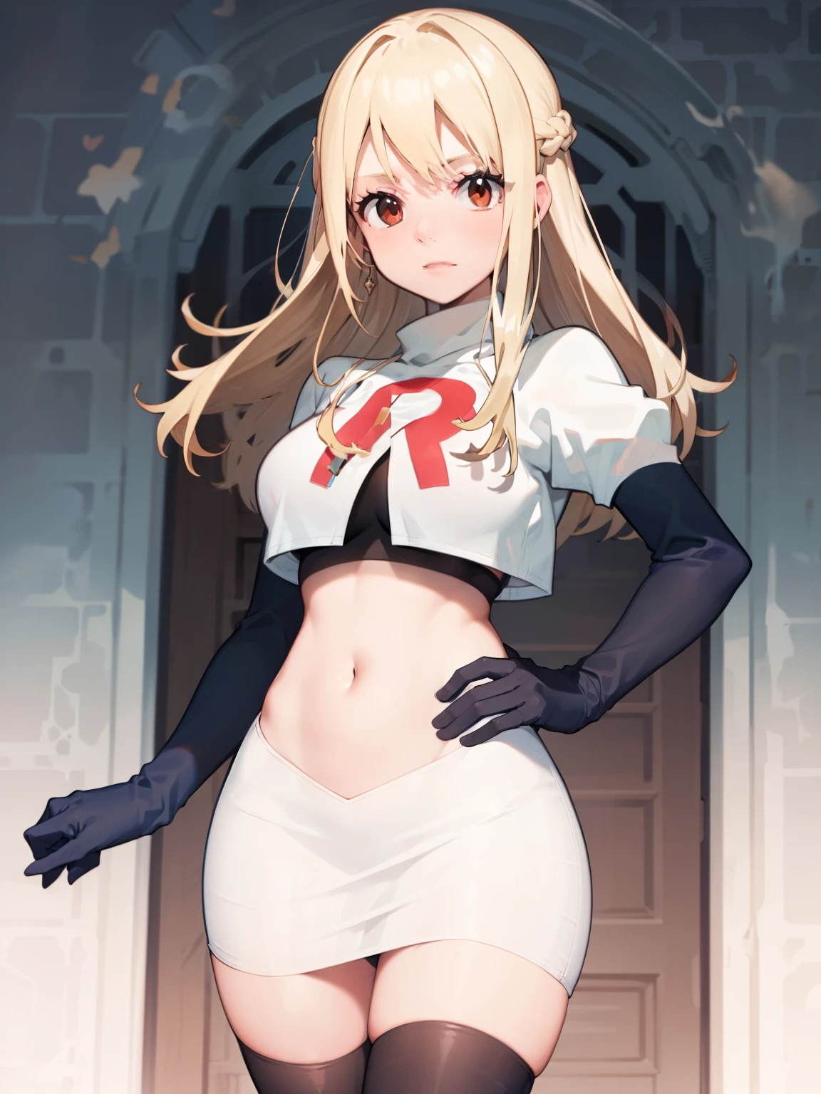 Lucy_Heartfilia, long hair,blonde hair, brown eyes, ,team rocket uniform, red letter R, white skirt,white crop top,black thigh-high boots, black elbow gloves, looking at viewer, cowboy shot