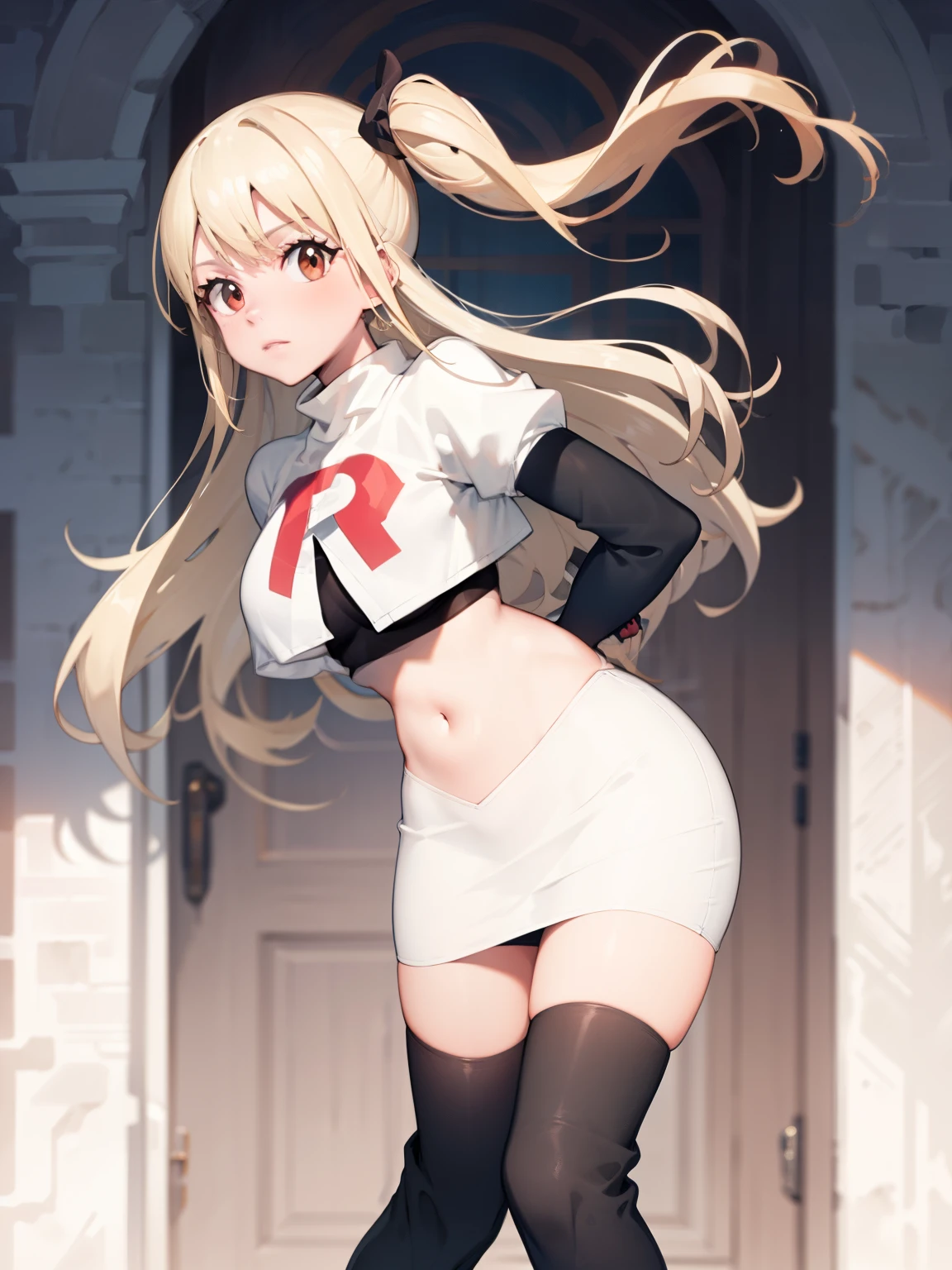 Lucy_Heartfilia, long hair,blonde hair, brown eyes, ,team rocket uniform, red letter R, white skirt,white crop top,black thigh-high boots, black elbow gloves, looking at viewer, cowboy shot