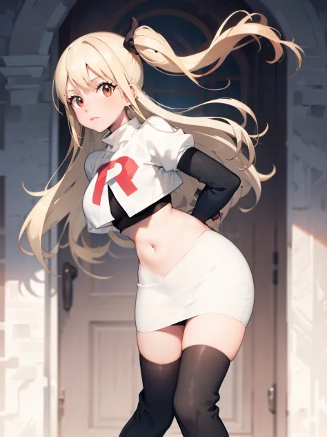 lucy_heartfilia, long hair,blonde hair, brown eyes, ,team rocket uniform, red letter r, white skirt,white crop top,black thigh-h...