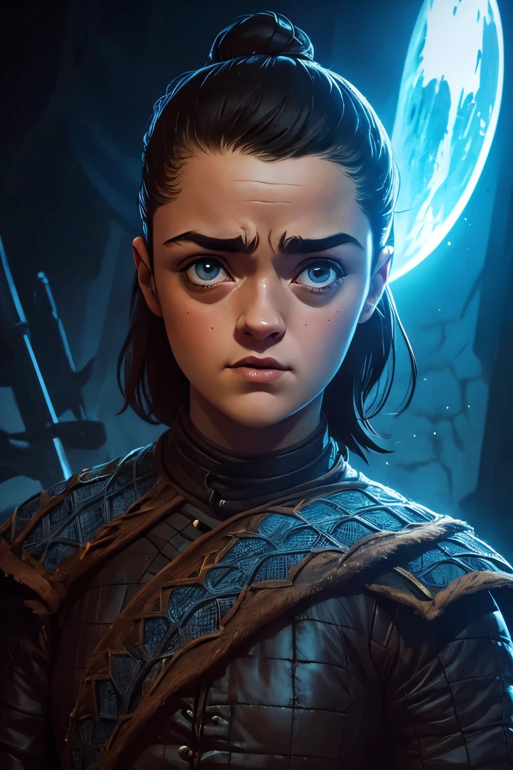 affiche cinématographique, Fermer, Art centré, tête et épaules, 1 fille, seul, ((seul)), (((Un seul personnage))),  ((Arya Stark dans une pose de combat dynamique)), Visage de Maisie Williams, Le visage d&#39;Arya Stark, fantaisie d&#39;arya stark, Les vêtements d&#39;Arya Stark, Le jeu des trônes,,  Le jeu des trônes, couleurs gothiques, climat de tension et de terreur, Illustration Adobe, tendance sur artstation, 8k, disque dur , partie maîtresse, bel art, détails complexes, éclairage cinématographique .