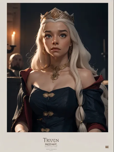 cinematic poster, Arte centrada, 1 girl, solo, ((sozinho)), (((only one character))),  a Targaryen queen, Queen Rhaenyra wearing...