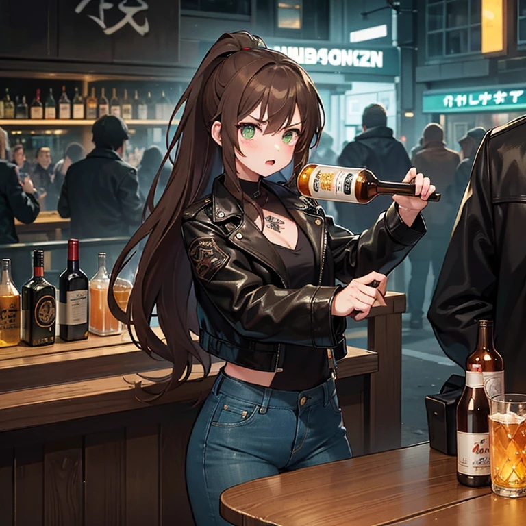 1girl, solo, super fine illustration, an extremely delicate and beautiful, best quality, brown hair, ponytail, long hair, green eyes, looking forward, defiant, black leather jacket, denim pants, black boots, holding bottle, arguing, bar counter, drinking buddy, angry, night, street, crowd, cars, neon signs, dark, chaotic.