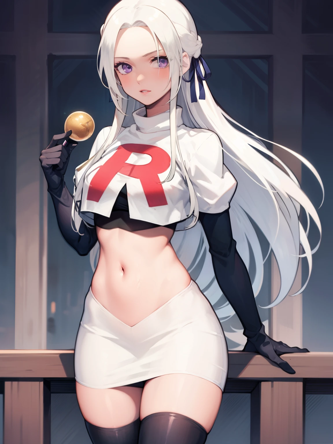 edelgard_academy, hair ribbon, long hair, white hair, purple eyes, glossy lips ,team rocket uniform, red letter R, white skirt,white crop top,black thigh-high boots, black elbow gloves, looking at viewer, cowboy shot