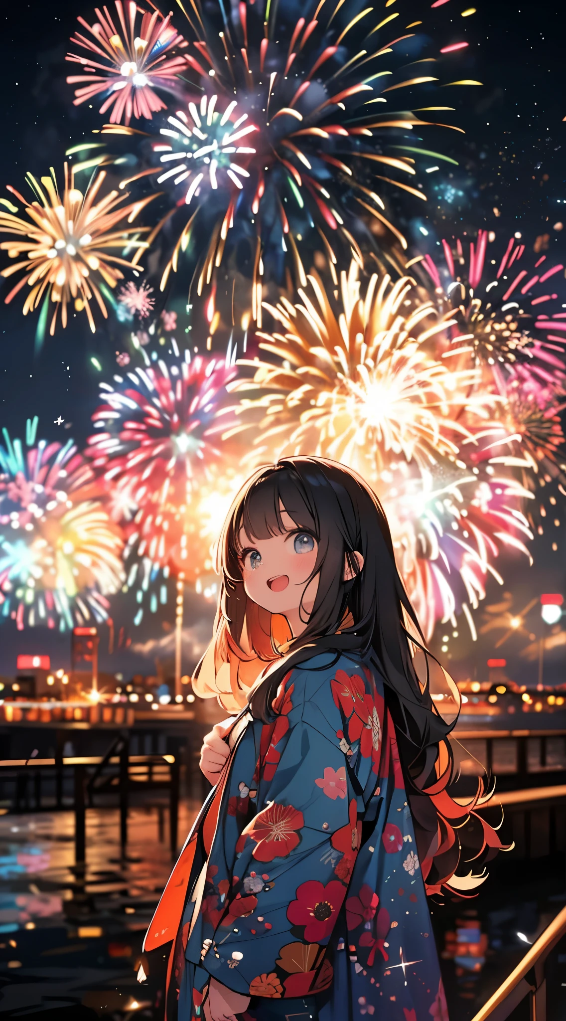 Spectacular fireworks display. 空には巨大な花火がkirakiraと輝く,（Huge fireworks with dazzling eyes 1.5）（Warm atmosphere1.3）（The night is full of stars1.2）Girl Looking Up At the Sky, I was happy to see fireworks for the first time.,The girl shines in the light of fireworks,An outstanding smile with an open mouth,The girl is facing forward in a pose of joy,kirakira輝くダイヤモンドのアクセサリー,orange oversized down jacket,Long hair down to the waist,Delicate Makeup,delicated face,Too eyebrows,very short bangs,Delicate Makeup,kirakiraラメ,Super realistic，Super light and shadow，（Super wide angle to see fireworks blooming 1.5）（Colorful fireworks on Iceland background 1.5）,kirakira