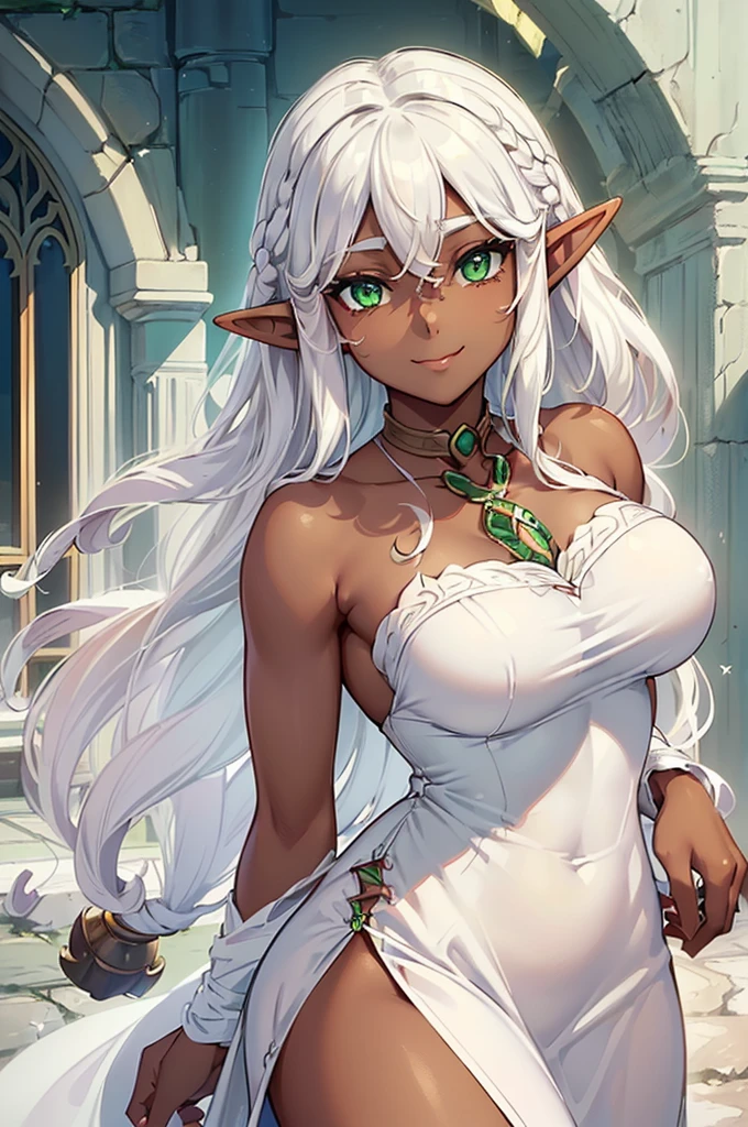 (((I want an elf girl with dark skin, white curly hair, detailed green eyes, a majestic body with full breasts, wearing a lightly low-cut white dress with peasant features and on her face a sweet smile)))