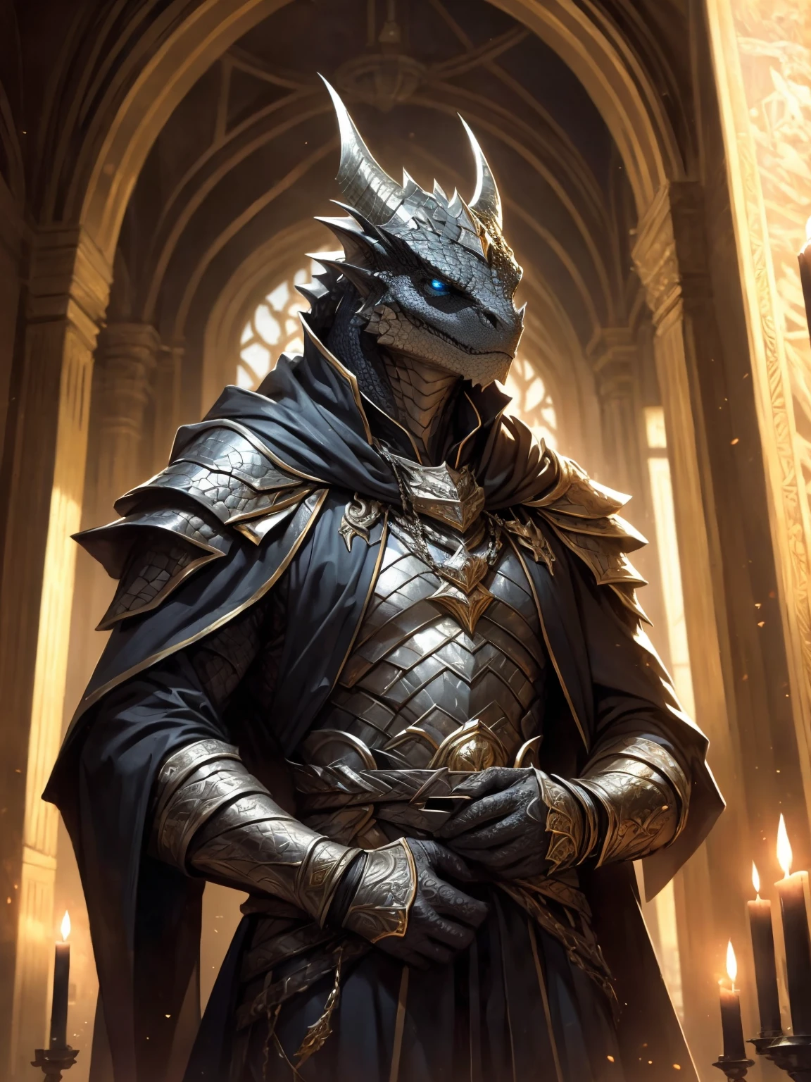 (black dragonborn, male, golden horns, solo portrait, stoic pose, holding a book, black scales, scales, reptilian face, blue eyes) tail, buff, black and silver armor, black and silver chest armor, black and silver gauntlets, black and silver pauldrons, dark blue cloak, dark blue robes, inside, close-up, standing inside, good lighting, candles in back ground, in temple ((masterpiece, best quality)), art by greg rutkowski