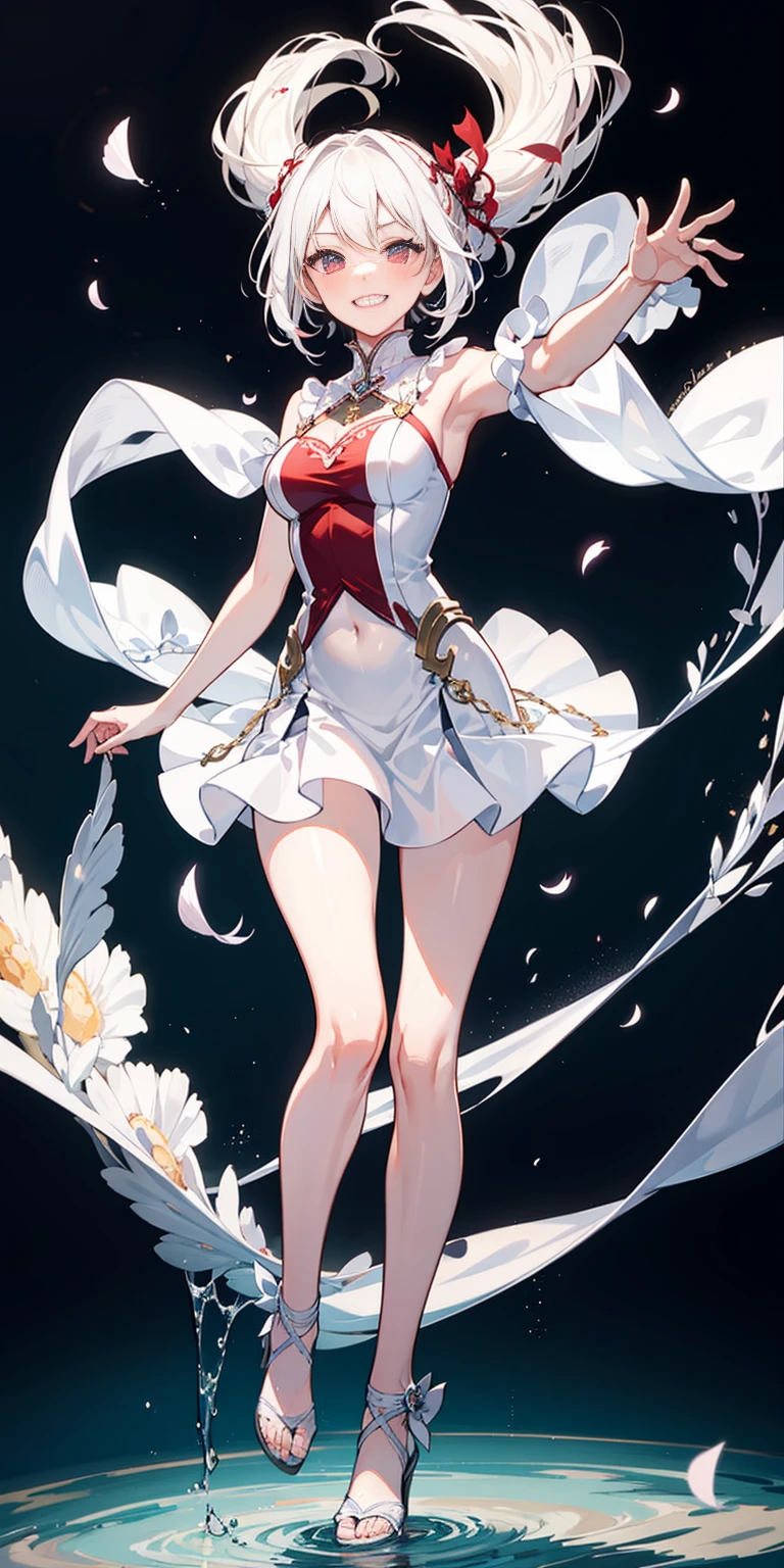 full-body close-up, create an elegant atmosphere), white short skirt, white hair shawl, graceful flowing, elegant movements, lustful smirking smile expression (red blush), floating in the air, (1girl), slim figure)