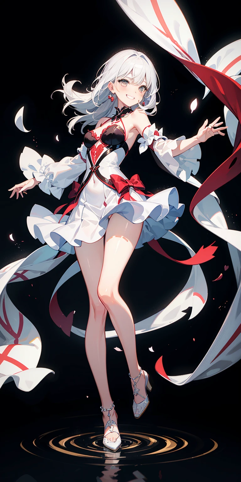 full-body close-up, create an elegant atmosphere), white short skirt, white hair shawl, graceful flowing, elegant movements, lustful smirking smile expression (red blush), floating in the air, (1girl), slim figure)