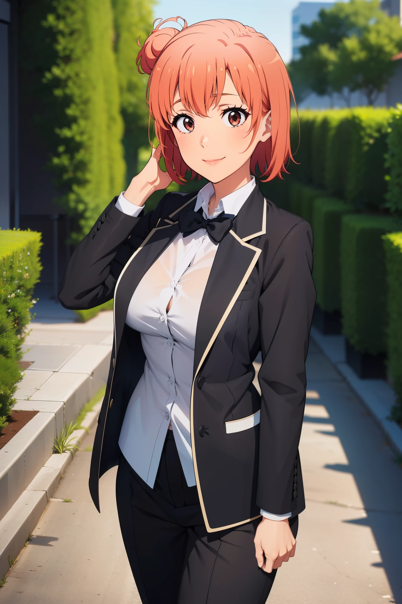 Anime character with red hair and black suit posing for a picture - SeaArt  AI