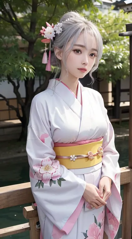 1girl,medium shot,panorama,full body,standing,looking at viewer,sony 30 f/5.6,wearing an ornament on the head,(kanzashi,colorful...