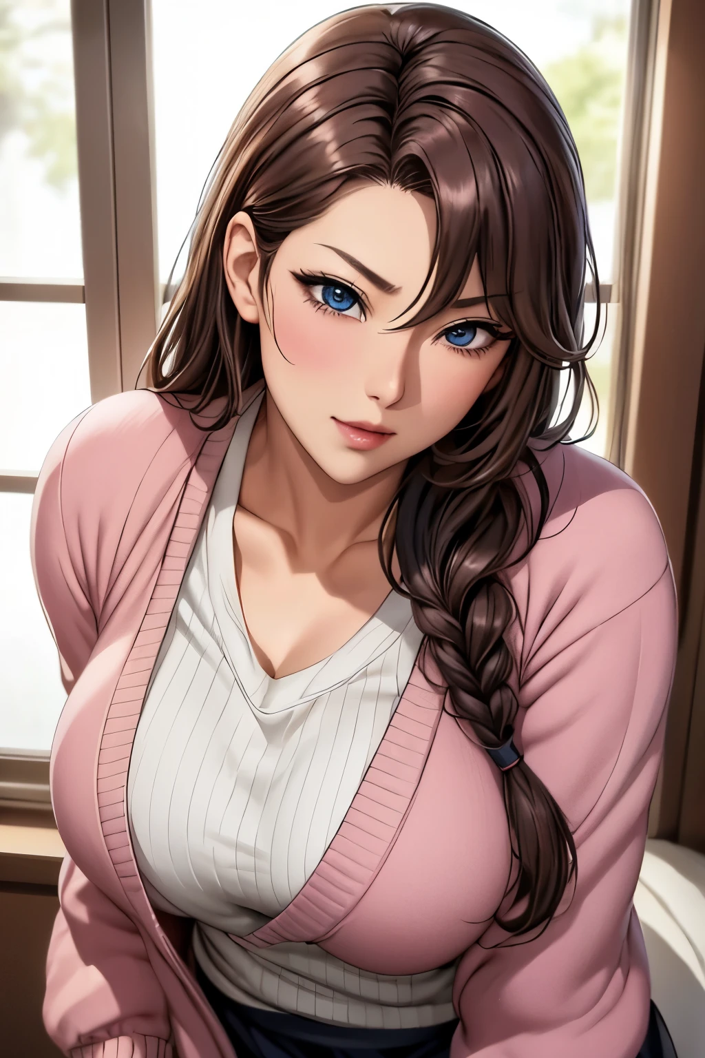 masutepiece, (Best Quality), 1womanl,1girl in ,akiko_minase,    Long hair, Brunette hair,   Blue eyes, braid, single braid, Hair intake, hair over shoulder, (maturefemale), Skirt, Sweaters, Cardigan,       house wife, Sexy Woman,    , blush vibrant colors ,,Natural lighting  ,nffsw, hair between eye , Beautiful, (Detailed face:1.2), showcase, (Perfect eyes:1.2) ,(Photorealistic:1.1), 8K UHD,  Looking at Viewer,  indoorround、tiny chest