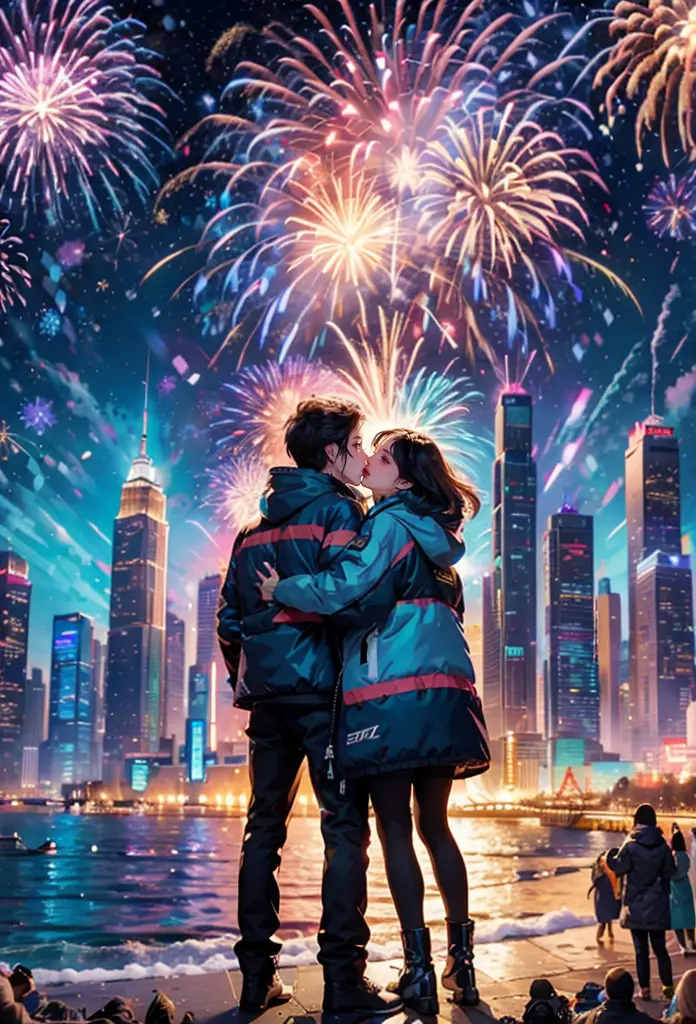 (tmasterpiece),（ultra - detailed：1.3），Best quality，（sparkling fireworks:1.2），（new year，concert celebration:1.4），(at winter seaso...
