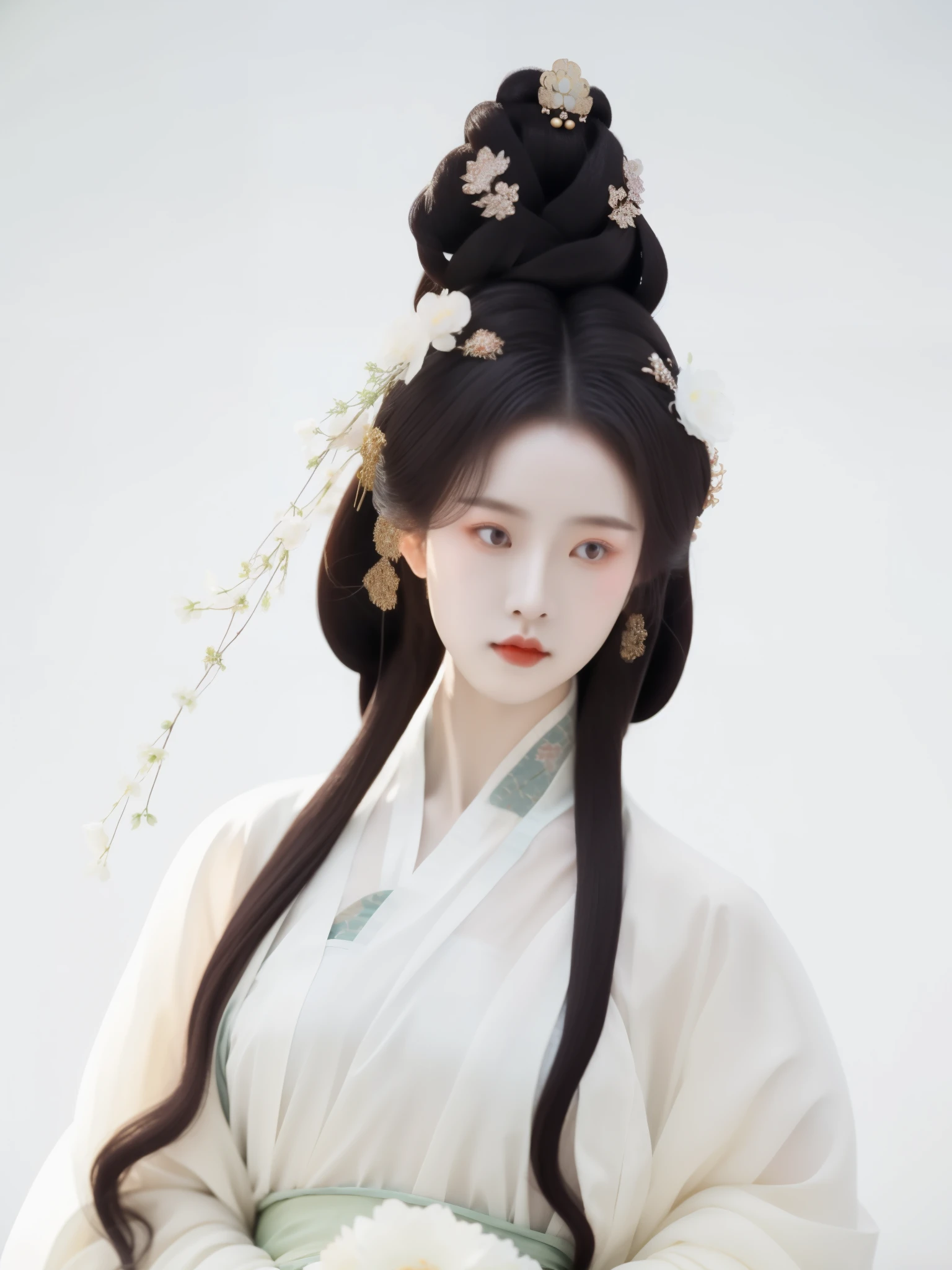 フォトリアリスティック，True humans，There are hairpins and brightly colored flowers on the head，a close up of a woman with long hair wearing a white dress, guweiz, white hanfu, A masterpiece by Guwitz, Guviz style artwork, 宮 ， A girl in Hanfu, Detail of long white hair, inspired by plum trees, pale milky white porcelain skin, ((beautiful fantasy empress)), inspired by Ai Xuan