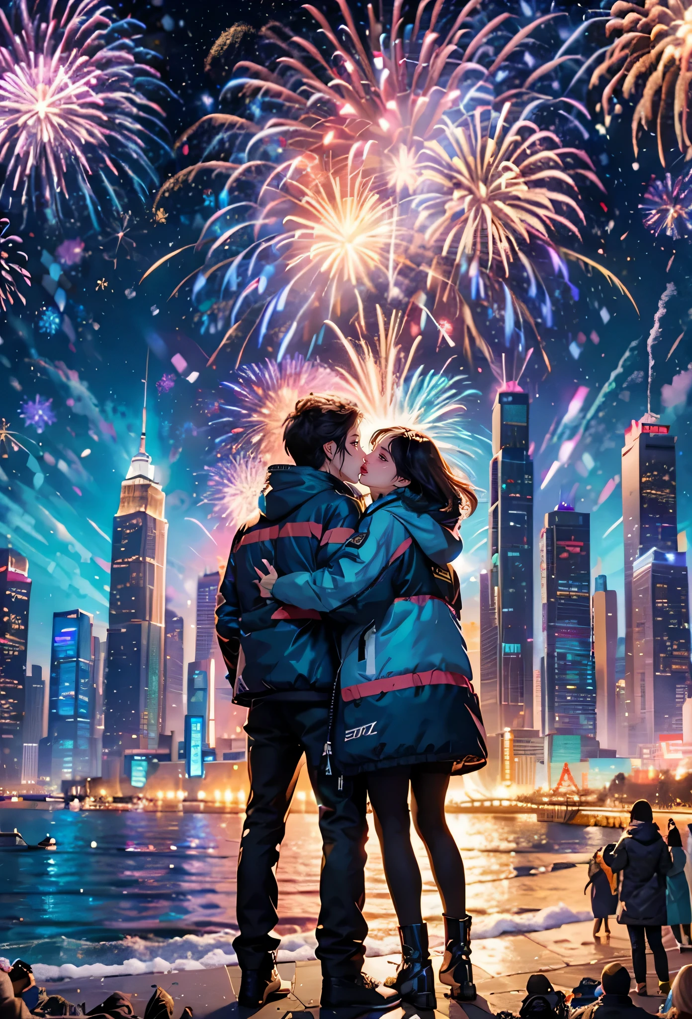 (tmasterpiece),（ultra - detailed:1.3），Best quality at best，（Sparkling fireworks:1.2），（new year，concert celebration:1.4），(at winter season，Male and female couple wearing down jackets: 1.6), gorgeous color，crowd of，As estrelas，(riverbank)，(city night scene，skyscrapper:1.8), The world of dreams, Lovely design style, Grand celebration，brilliant colorful，Happy mood，Fireworks explosionestive atmosphere，permanent memory，Vibrant colors、The color is just right，1.Realism increased by 4 times，hyper HD，Everything is displayed in this beautiful scene，（The content is very detailed，Reasonable design，Clear lines，High- sharpness，tmasterpiece，offcial art，movie light effect，8K）