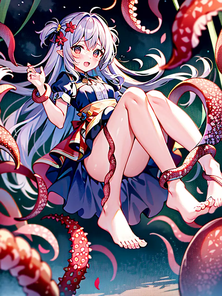 plant tentacraig flower monster　A girl is tangled in plant tentacles　a girl is floating in the air　Crying expression　Background ...