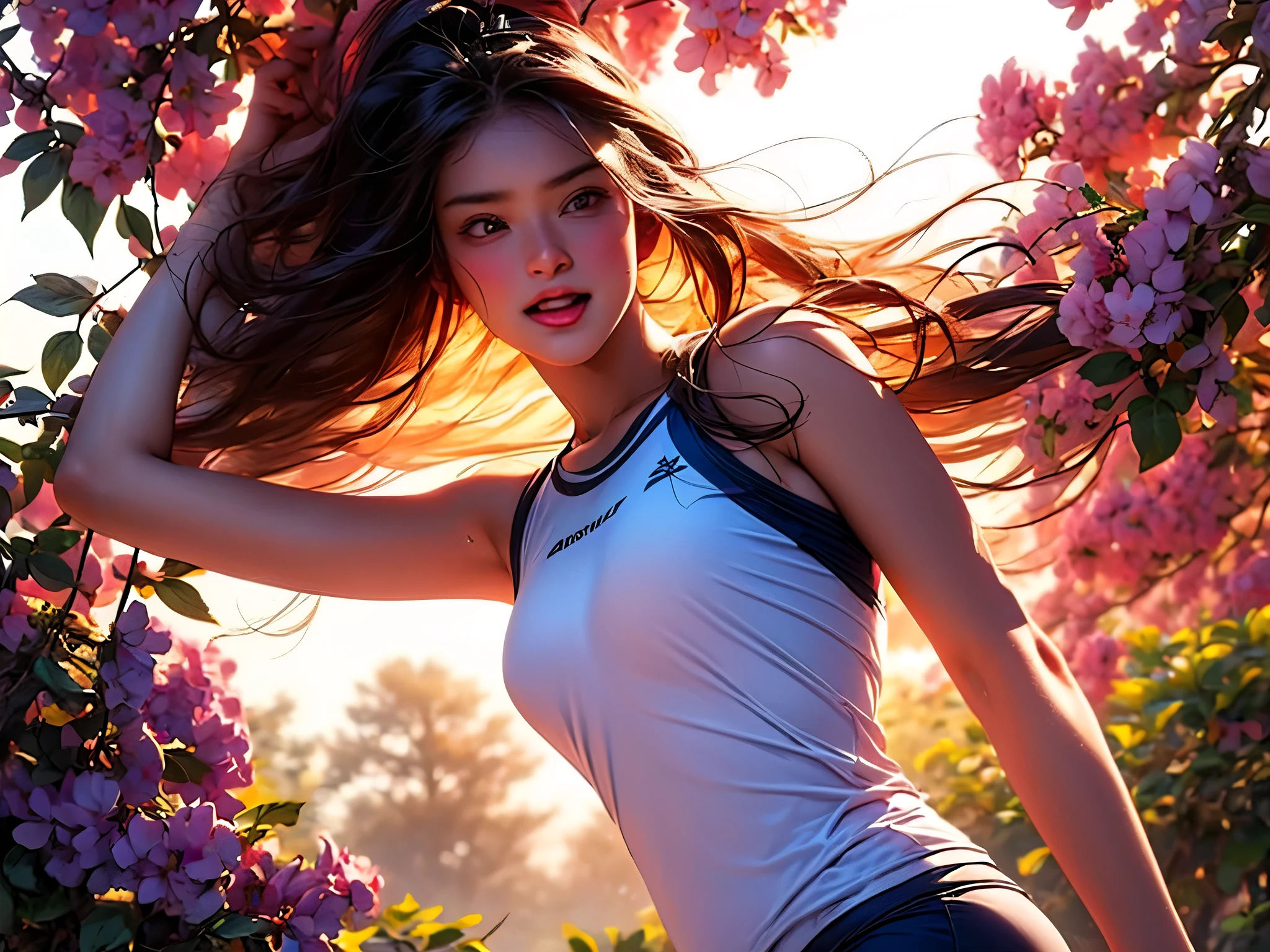 A girl doing a powerful, precise roundhouse kick, with beautiful detailed eyes, focused expression, and graceful movement. The scene is set in a lush garden with vibrant flowers and swaying trees in the background. The girl is wearing a form-fitting athletic outfit, showcasing her athleticism and strength. The lighting is natural, with warm sunlight casting soft shadows on the girl's determined face. The artwork has a photorealistic style, capturing every intricate detail of the girl's features and muscles. The colors are vivid and dynamic, enhancing the energy and intensity of the kick. The overall quality of the image is exceptional, with ultra-detailed rendering and sharp focus on the girl's action.