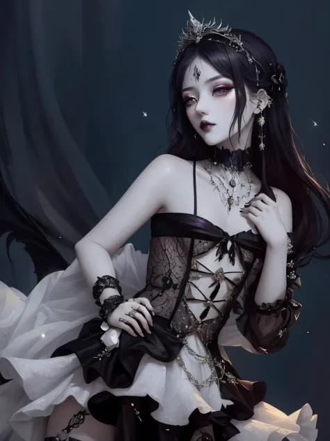 exquisite facial features，There is a woman wearing a skirt and a tiara, Elegant Gothic princess, Inspired by Shen Si Zheng,  Gloomy style, Gothic girl, Gothic girl anime girl, Gothic aesthetics, Gothic billionaire, elegant cinematic pose, Fair skin, beauti...