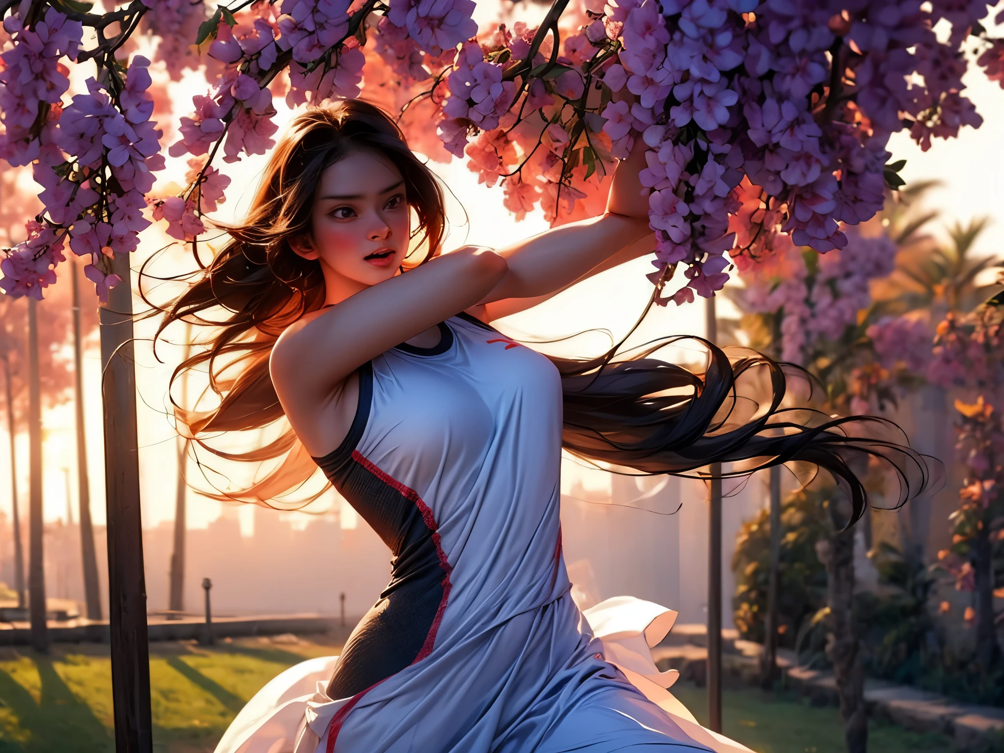 A girl doing a powerful, precise roundhouse kick, with beautiful detailed eyes, focused expression, and graceful movement. The scene is set in a lush garden with vibrant flowers and swaying trees in the background. The girl is wearing a form-fitting athletic outfit, showcasing her athleticism and strength. The lighting is natural, with warm sunlight casting soft shadows on the girl's determined face. The artwork has a photorealistic style, capturing every intricate detail of the girl's features and muscles. The colors are vivid and dynamic, enhancing the energy and intensity of the kick. The overall quality of the image is exceptional, with ultra-detailed rendering and sharp focus on the girl's action.