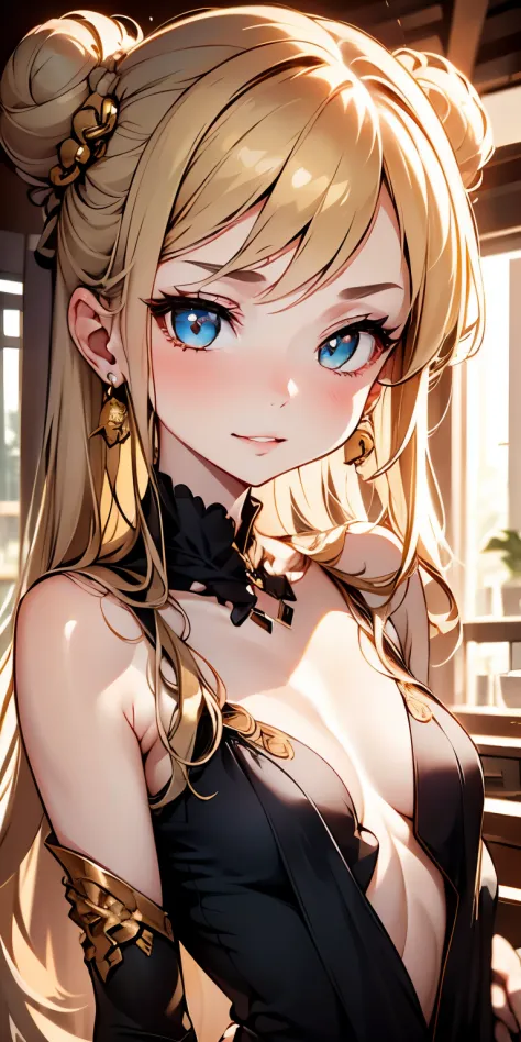 Cute Girl, (ash blond hair), ((very bun hair)), Perfect face, Innocent smile, Upper body,(Cerulean Eyes), (Yan), (Petite), (slen...