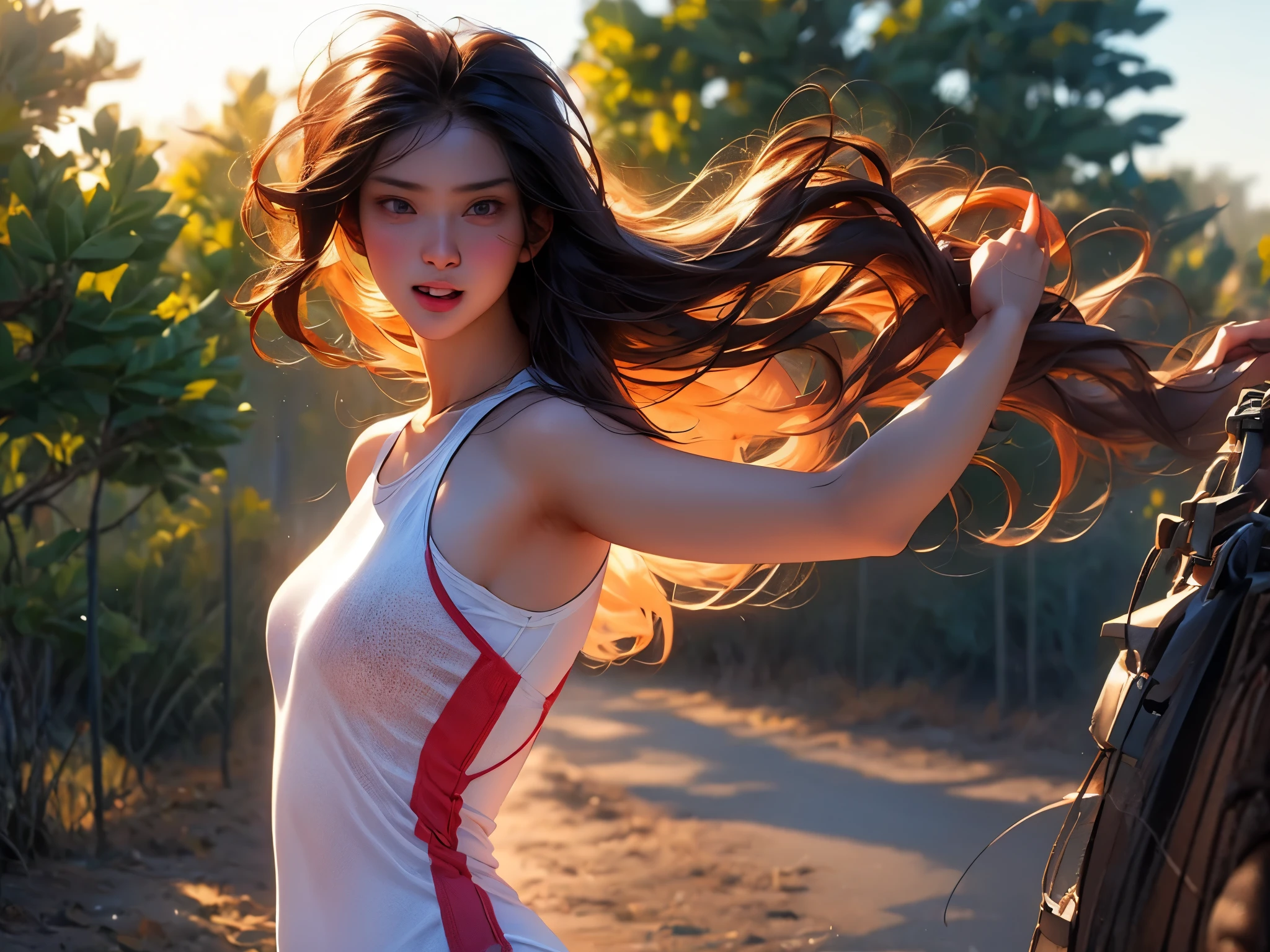 A girl doing a powerful, precise roundhouse kick, with beautiful detailed eyes, focused expression, and graceful movement. The scene is set in a lush garden with vibrant flowers and swaying trees in the background. The girl is wearing a form-fitting athletic outfit, showcasing her athleticism and strength. The lighting is natural, with warm sunlight casting soft shadows on the girl's determined face. The artwork has a photorealistic style, capturing every intricate detail of the girl's features and muscles. The colors are vivid and dynamic, enhancing the energy and intensity of the kick. The overall quality of the image is exceptional, with ultra-detailed rendering and sharp focus on the girl's action.