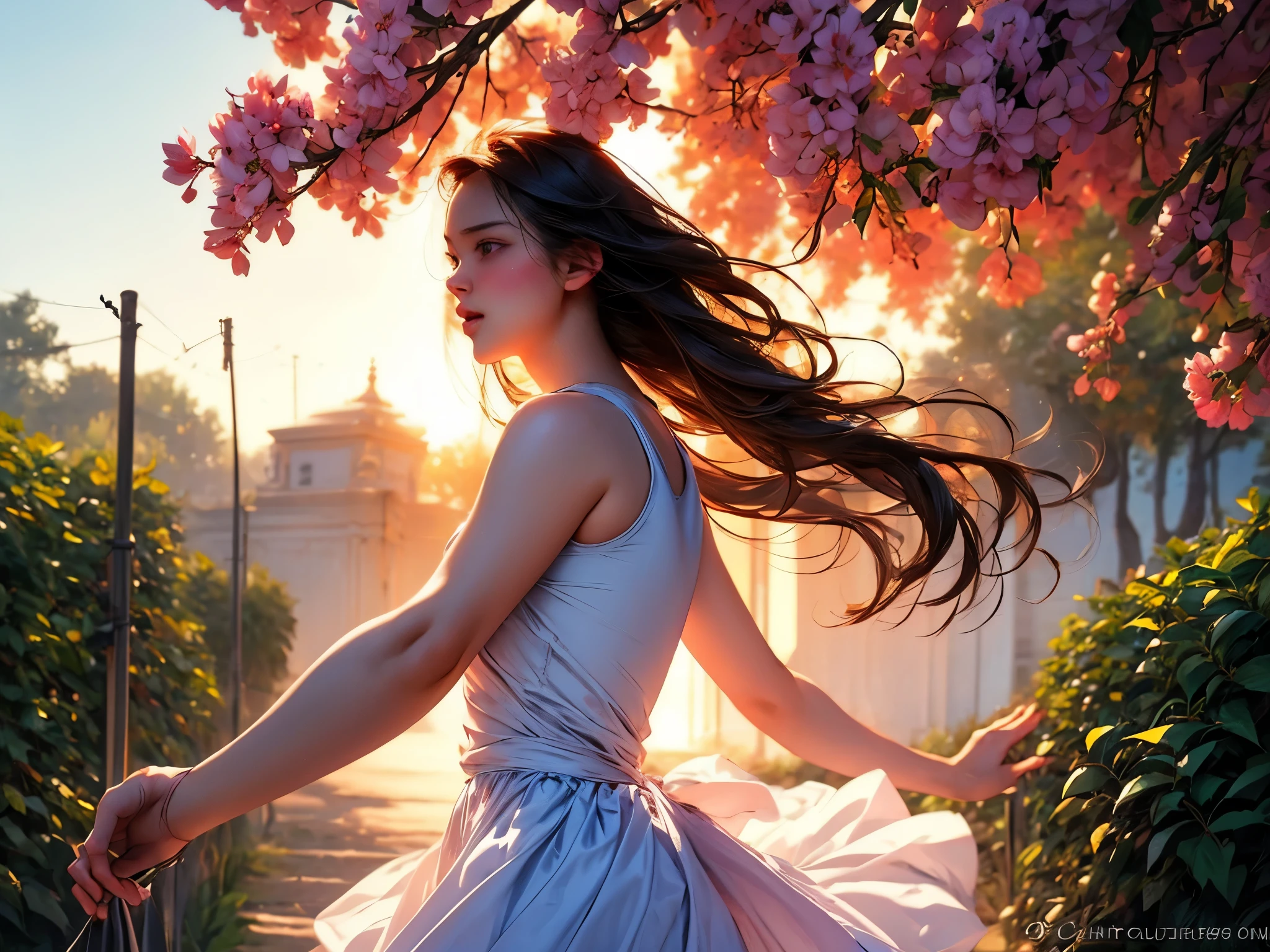 A girl doing a powerful, precise roundhouse kick, with beautiful detailed eyes, focused expression, and graceful movement. The scene is set in a lush garden with vibrant flowers and swaying trees in the background. The girl is wearing a form-fitting athletic outfit, showcasing her athleticism and strength. The lighting is natural, with warm sunlight casting soft shadows on the girl's determined face. The artwork has a photorealistic style, capturing every intricate detail of the girl's features and muscles. The colors are vivid and dynamic, enhancing the energy and intensity of the kick. The overall quality of the image is exceptional, with ultra-detailed rendering and sharp focus on the girl's action.