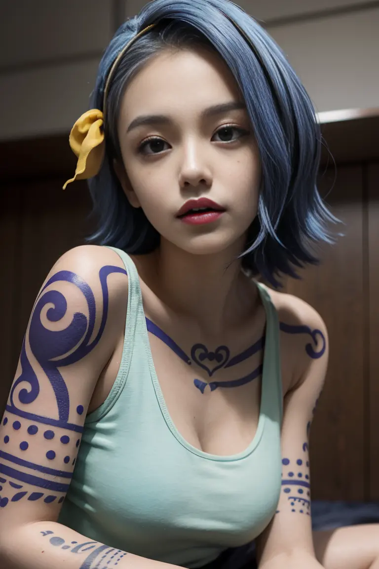 (masterpiece, best quality), nojiko, hairband, blue hair,yellow tank top,jins,tatto,