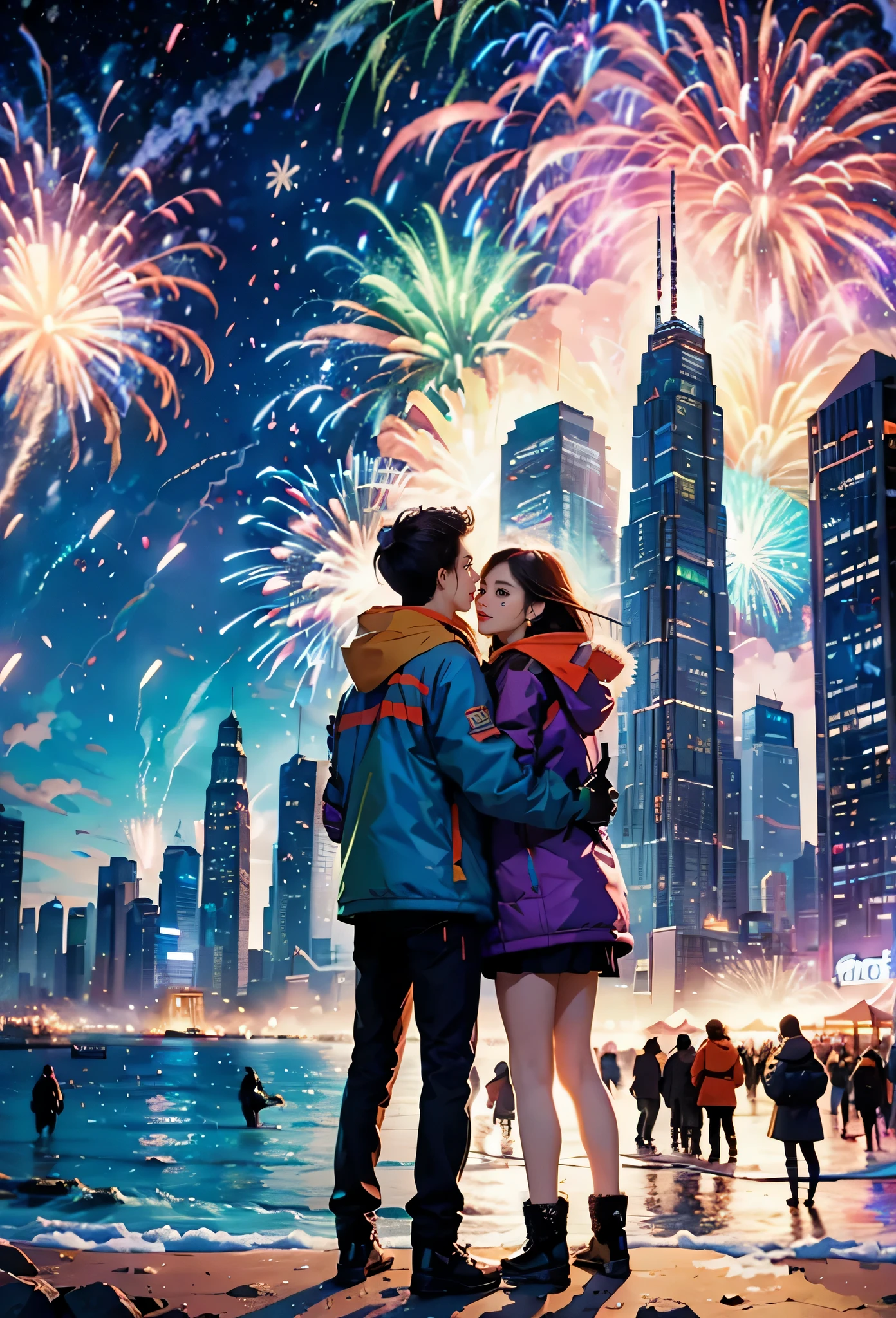 (tmasterpiece),（ultra - detailed:1.3），Best quality at best，（Sparkling fireworks:1.2），（new year，concert celebration:1.4），(at winter season，Male and female couple wearing down jackets: 1.6), gorgeous color，crowd of，As estrelas，(riverbank)，(city night scene，skyscrapper:1.8), The world of dreams, Lovely design style, Grand celebration，brilliant colorful，Happy mood，Fireworks explosionestive atmosphere，permanent memory，Vibrant colors、The color is just right，1.Realism increased by 4 times，hyper HD，Everything is displayed in this beautiful scene，（The content is very detailed，Reasonable design，Clear lines，High- sharpness，tmasterpiece，offcial art，movie light effect，8K）