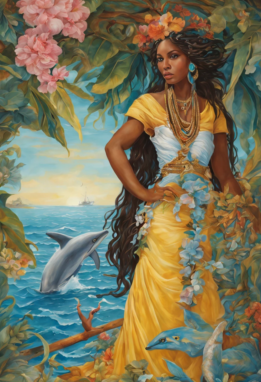 Based on the characteristics and qualities you mentioned, here is a description of a female character, 
uma deusa usando vestido longo nas cores branco e azul claro e que tem a aves, fish and dolphins as part of their representation:
Yemanja, a Deusa, is a goddess of the seas with a mysterious and exuberant aura. Ela emana uma energia amarelo e prateado, 
reflecting your connection with nature and the magic of the sea and beach. Sua pele tem um tom suave e brilhante, como se estivesse 
iluminada pela luz do sol filtrada por palmeiras e coqueiros na praia. 
Your light brown eyes are like the color of honey, hipnotizantes e cheios de sabedoria. 
Seu cabelo, preto longo e exuberante, yamanja&#56;sa cascata de fios amarelo prateado, adornados com penas e enfeites azul, 
em homenagem aos animais marinhos. octopus and dolphin also extend from the head, formando uma graciosa coroa azul. Yemanja veste um vestido longo, fluido e elegante, 
made from organic white and blue fabrics, that resemble pink flower petals. Her outfit is adorned with silver details.., 
representando as cores deslumbrantes dos animais marinho. Ela usa uma capa azul-ceu, com uma cauda sutilmente estampada como as 
cores branco, azul e prateado. In addition to its stunning appearance, Yemanja has magical abilities related to nature. 
She can summon the strength of kings and rain, creating enchanting and hypnotic spells. Their powers are also linked to healing and renewal, podendo revitalizar a vida das plantas e dos seres vivos ao seu redor. Yemanja is the guardian of the sea and oceans and defender of marine animals. She cares deeply about ecological balance and fights against those who disrespect nature. Her resilient spirit and ancient wisdom make her an inspiring leader for those who yearn for a deeper connection with nature........ Yemanja&#56; travel may involve protecting natural habitats, protegendo a natureza do homem destruidor