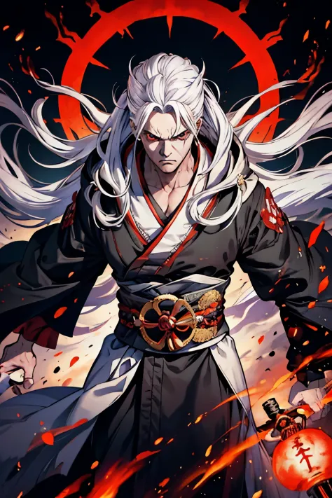 A powerful mage with white hair, fierce eyes, red eyes, wearing a black kimono, furious face, serious face, in a dark shrine, ma...