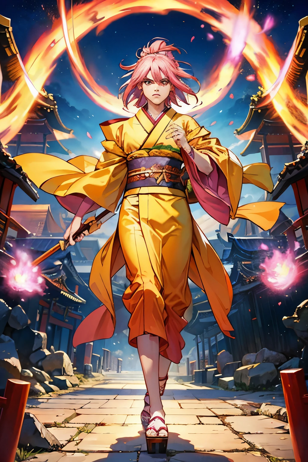 A powerful mage with pink hair, fierce eyes, serious face, male, male, yellow eyes, wearing a orange kimono, high res, 8k, looking at the viewer, in a japanese temple