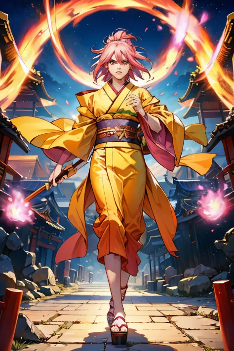 A powerful mage with pink hair, fierce eyes, serious face, male, male, yellow eyes, wearing a orange kimono, high res, 8k, looki...